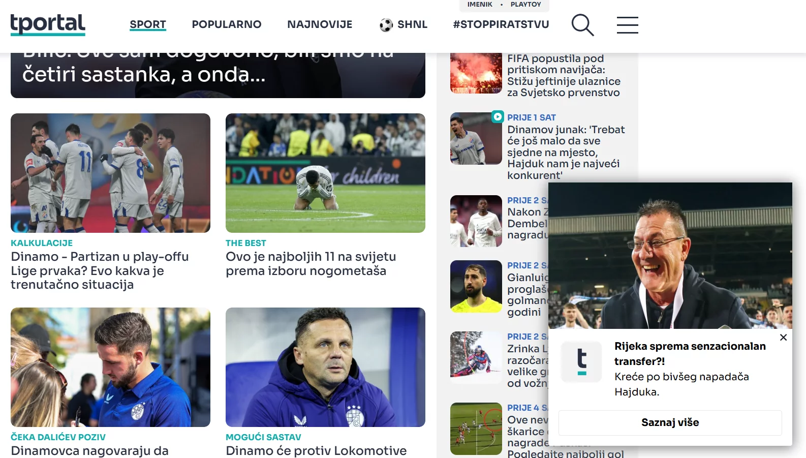 Onsite notification displayed in the sport section at tportal.hr